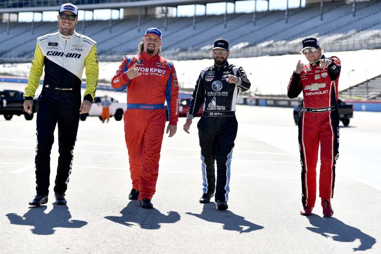 FORT WORTH, TEXAS - OCTOBER 16: (L-R) Alex Labbe, driver of the #36 Can-Am Chevrolet, Josh Williams, driver of the #92 WORKPRO Tools Chevrolet, Jeremy Clements, driver of the #51 Straitline Chevrolet, and Myatt Snider, driver of the #2 Crosley Furniture Chevrolet, walk the grid prior to the NASCAR Xfinity Series Andy's Frozen Custard 335 at Texas Motor Speedway on October 16, 2021 in Fort Worth, Texas. (Photo by Logan Riely/Getty Images) | Getty Images