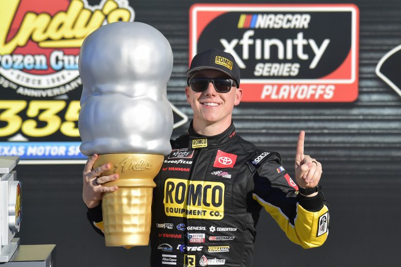 FORT WORTH, TEXAS - OCTOBER 16: John H. Nemechek, driver of the #54 Romco Equipment Toyota,celebrates in victory lane after winning the NASCAR Xfinity Series Andy's Frozen Custard 335 at Texas Motor Speedway on October 16, 2021 in Fort Worth, Texas. (Photo by Logan Riely/Getty Images) | Getty Images