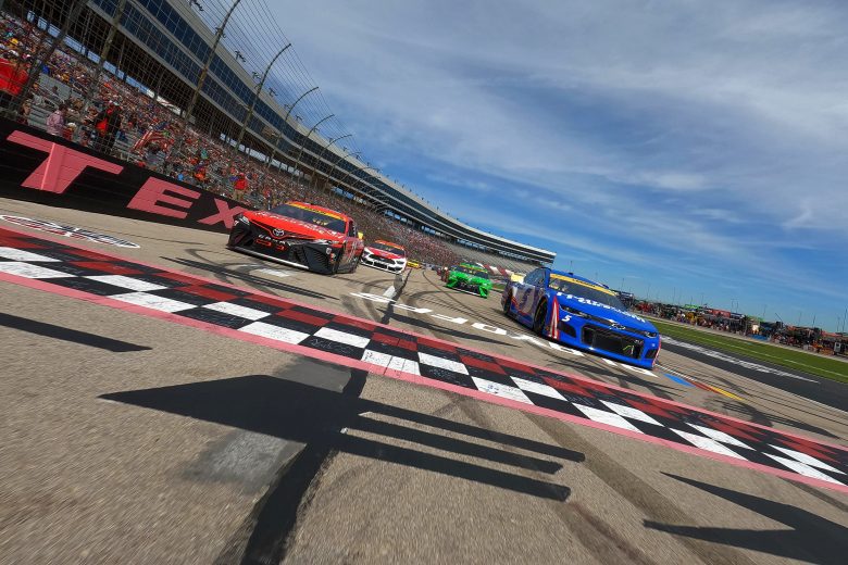 FORT WORTH, TEXAS - OCTOBER 17: Kyle Larson, driver of the #5 HendrickCars.com Chevrolet, and Denny Hamlin, driver of the #11 Craftsman Toyota, lead the field on a pace lap prior to the the NASCAR Cup Series Autotrader EchoPark Automotive 500 at Texas Motor Speedway on October 17, 2021 in Fort Worth, Texas. (Photo by Jared C. Tilton/Getty Images) | Getty Images