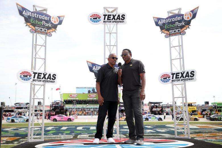 FORT WORTH, TEXAS - OCTOBER 17: NFL Hall of Famers Tony Dorsett (L) and Tim Brown give the command to start engine prior to the NASCAR Cup Series Autotrader EchoPark Automotive 500 at Texas Motor Speedway on October 17, 2021 in Fort Worth, Texas. (Photo by Chris Graythen/Getty Images) | Getty Images
