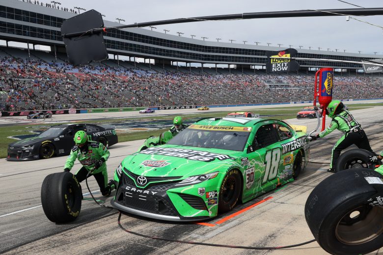 FORT WORTH, TEXAS - OCTOBER 17: Kyle Busch, driver of the #18 Interstate Batteries Toyota, pits during the NASCAR Cup Series Autotrader EchoPark Automotive 500 at Texas Motor Speedway on October 17, 2021 in Fort Worth, Texas. (Photo by Chris Graythen/Getty Images) | Getty Images