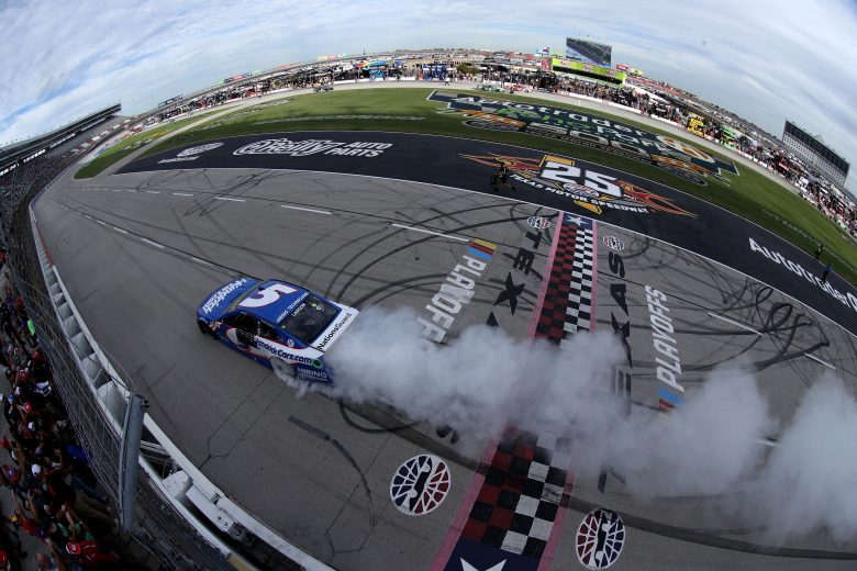 FORT WORTH, TEXAS - OCTOBER 17: Kyle Larson, driver of the #5 HendrickCars.com Chevrolet, celebrates with a burnout after winning the NASCAR Cup Series Autotrader EchoPark Automotive 500 at Texas Motor Speedway on October 17, 2021 in Fort Worth, Texas. (Photo by Sean Gardner/Getty Images) | Getty Images