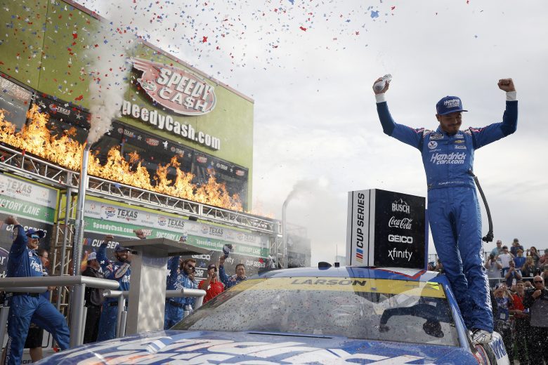 FORT WORTH, TEXAS - OCTOBER 17: Kyle Larson, driver of the #5 HendrickCars.com Chevrolet, celebrates in victory lane after winning the NASCAR Cup Series Autotrader EchoPark Automotive 500 at Texas Motor Speedway on October 17, 2021 in Fort Worth, Texas. (Photo by Jared C. Tilton/Getty Images) | Getty Images