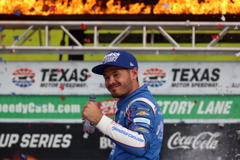 FORT WORTH, TEXAS - OCTOBER 17: Kyle Larson, driver of the #5 HendrickCars.com Chevrolet, celebrates in victory lane after winning the NASCAR Cup Series Autotrader EchoPark Automotive 500 at Texas Motor Speedway on October 17, 2021 in Fort Worth, Texas. (Photo by Chris Graythen/Getty Images) | Getty Images