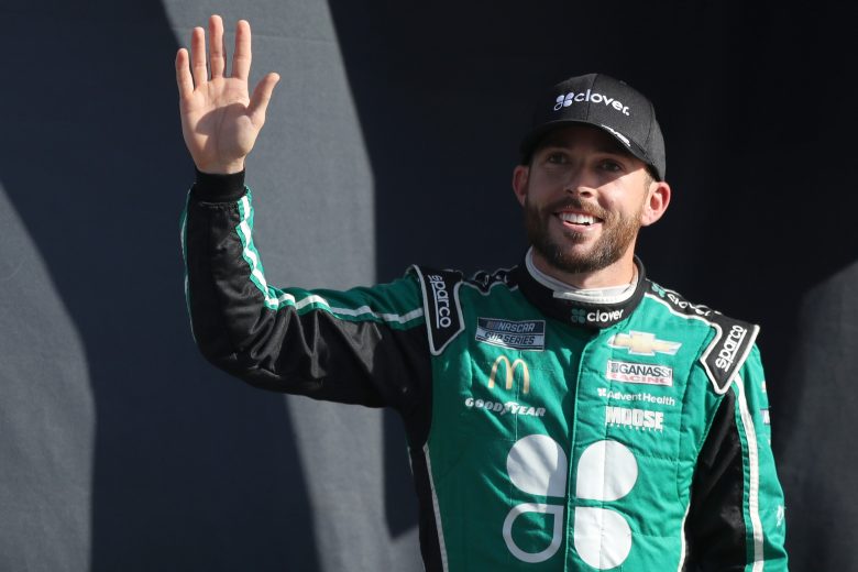 LAS VEGAS, NEVADA - SEPTEMBER 26: Ross Chastain, driver of the #42 Clover Chevrolet, waves to fans during pre-race ceremonies prior to the NASCAR Cup Series South Point 400 at Las Vegas Motor Speedway on September 26, 2021 in Las Vegas, Nevada. (Photo by Meg Oliphant/Getty Images) | Getty Images