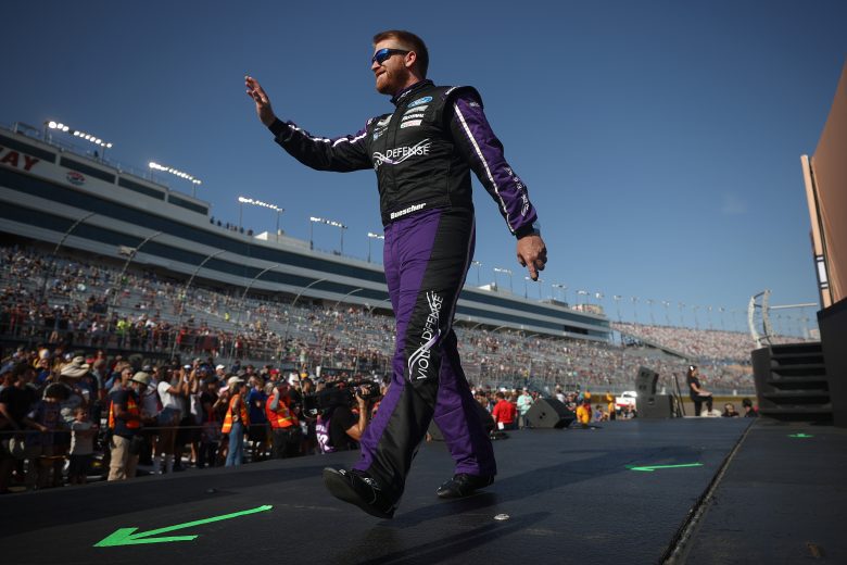 LAS VEGAS, NEVADA - SEPTEMBER 26: Chris Buescher, driver of the #17 Ford, waves to fans during pre-race ceremonies prior to the NASCAR Cup Series South Point 400 at Las Vegas Motor Speedway on September 26, 2021 in Las Vegas, Nevada. (Photo by Chris Graythen/Getty Images) | Getty Images