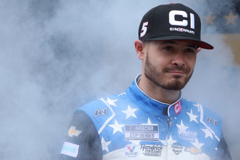 TALLADEGA, ALABAMA - OCTOBER 03: Kyle Larson, driver of the #5 Cincinnati Chevrolet, walks on stage during pre-race ceremonies prior to the NASCAR Cup Series YellaWood 500 at Talladega Superspeedway on October 03, 2021 in Talladega, Alabama. (Photo by Sean Gardner/Getty Images) | Getty Images