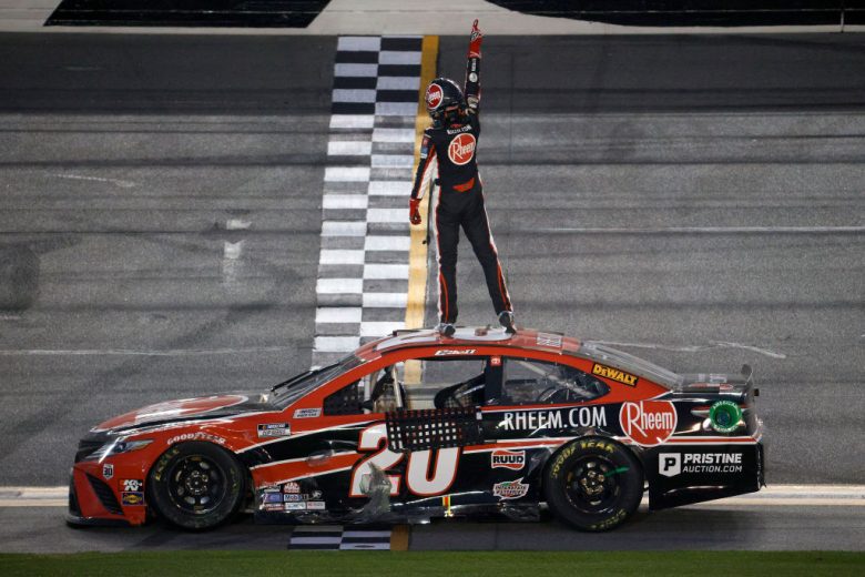 DAYTONA BEACH, FLORIDA - FEBRUARY 21: Christopher Bell, driver of the #20 Rheem Toyota, celebrates in after winning the NASCAR Cup Series O'Reilly Auto Parts 253 at Daytona International Speedway on February 21, 2021 in Daytona Beach, Florida. (Photo by Chris Graythen/Getty Images) | Getty Images