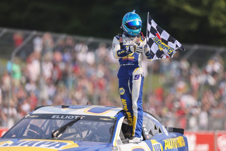ELKHART LAKE, WISCONSIN - JULY 04: Chase Elliott, driver of the #9 NAPA Auto Parts Chevrolet,celebrates with the checkered flag after winning the NASCAR Cup Series Jockey Made in America 250 Presented by Kwik Trip at Road America on July 04, 2021 in Elkhart Lake, Wisconsin. (Photo by James Gilbert/Getty Images) | Getty Images