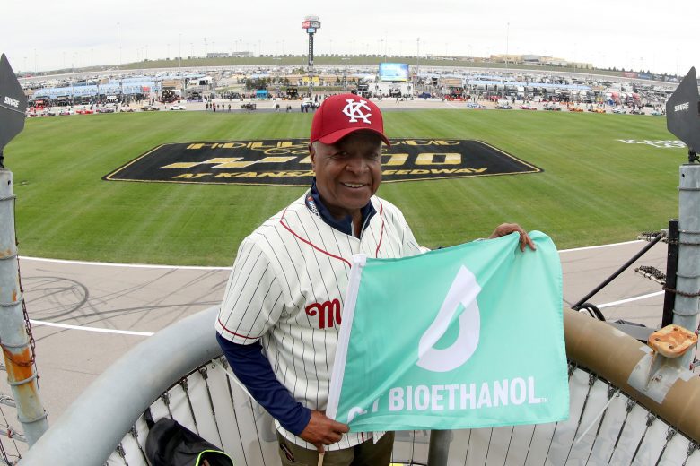 KANSAS CITY, KANSAS - OCTOBER 23: Honorary starter, former Kansas City Royal, Frank White poses in the flagstand prior to the NASCAR Xfinity Series Kansas Lottery 300 at Kansas Speedway on October 23, 2021 in Kansas City, Kansas. (Photo by Meg Oliphant/Getty Images) | Getty Images
