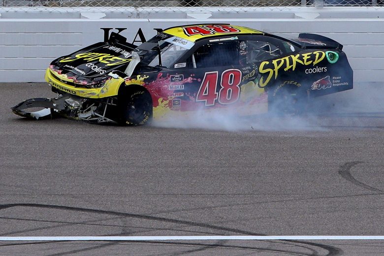 KANSAS CITY, KANSAS - OCTOBER 23: Jade Buford, driver of the #48 Big Machine Spiked Coolers Chevrolet, spins into the wall after an on-track incident during the NASCAR Xfinity Series Kansas Lottery 300 at Kansas Speedway on October 23, 2021 in Kansas City, Kansas. (Photo by Sean Gardner/Getty Images) | Getty Images
