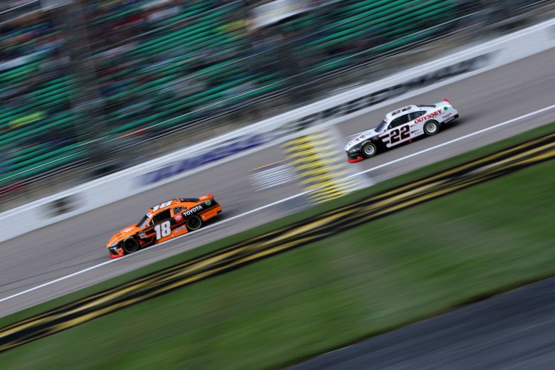KANSAS CITY, KANSAS - OCTOBER 23: Daniel Hemric, driver of the #18 Poppy Bank Toyota, and Austin Cindric, driver of the #22 Odyssey Battery Ford, race during the NASCAR Xfinity Series Kansas Lottery 300 at Kansas Speedway on October 23, 2021 in Kansas City, Kansas. (Photo by Sean Gardner/Getty Images) | Getty Images