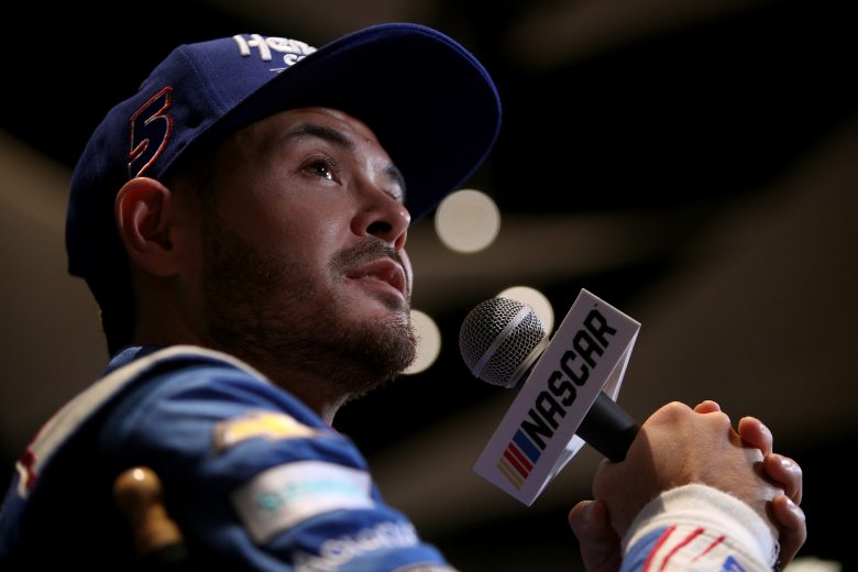PHOENIX, ARIZONA - NOVEMBER 04: Kyle Larson, driver of the #5 HendrickCars.com Chevrolet, speaks to the media during the 2021 NASCAR Championship 4 Media Day at the Phoenix Convention Center on November 04, 2021 in Phoenix, Arizona. (Photo by Sean Gardner/Sean Gardner) | Getty Images