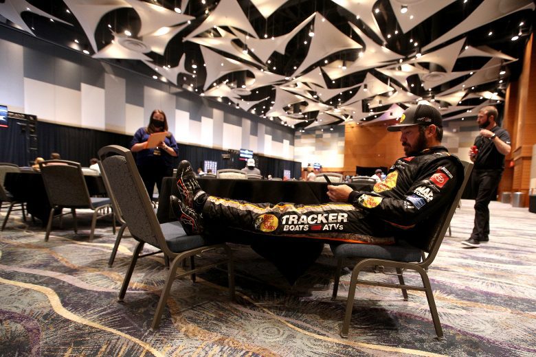 PHOENIX, ARIZONA - NOVEMBER 04: Martin Truex Jr., driver of the #19 a Bass Pro Shops Toyota, waits to speak the media during the 2021 NASCAR Championship 4 Media Day at the Phoenix Convention Center on November 04, 2021 in Phoenix, Arizona. (Photo by Sean Gardner/Sean Gardner) | Getty Images