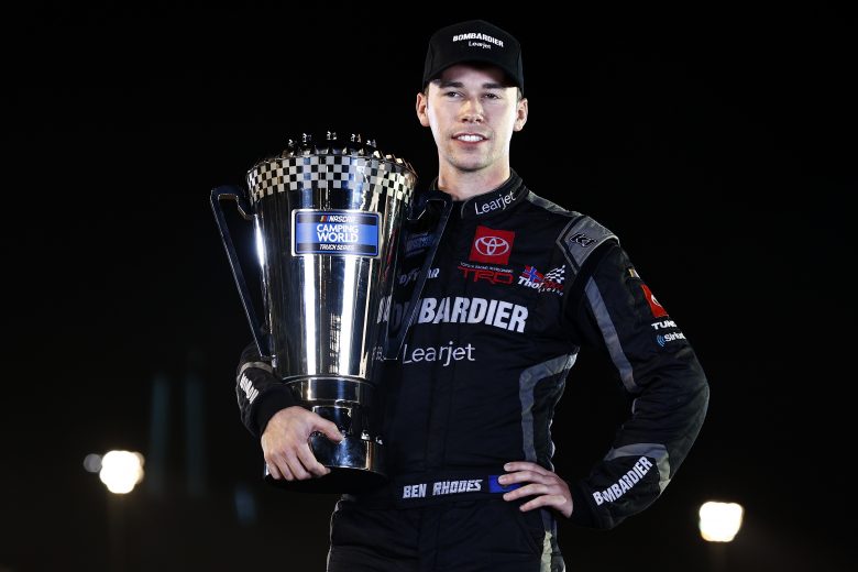 AVONDALE, ARIZONA - NOVEMBER 05: Ben Rhodes, driver of the #99 Bombardier LearJet 75 Toyota, poses for photos after winning the 2021 NASCAR Camping World Truck Series Championship at Phoenix Raceway on November 05, 2021 in Avondale, Arizona. (Photo by Sean Gardner/Getty Images) | Getty Images