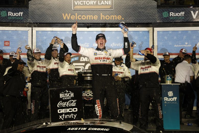 DAYTONA BEACH, FLORIDA - FEBRUARY 20: Austin Cindric, driver of the #2 Discount Tire Ford, celebrates in the Ruoff Mortgage victory lane after winning the NASCAR Cup Series 64th Annual Daytona 500 at Daytona International Speedway on February 20, 2022 in Daytona Beach, Florida. (Photo by Chris Graythen/Getty Images) | Getty Images
