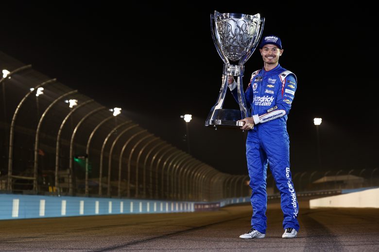AVONDALE, ARIZONA - NOVEMBER 07: Kyle Larson, driver of the #5 HendrickCars.com Chevrolet, poses for photos after winning the NASCAR Cup Series Championship at Phoenix Raceway on November 07, 2021 in Avondale, Arizona. (Photo by Sean Gardner/Getty Images) | Getty Images