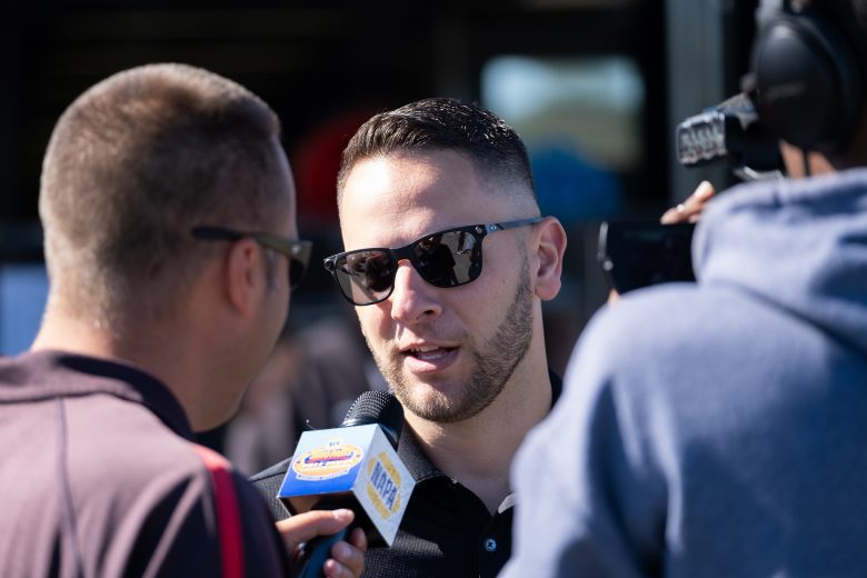 Championship contender Justin Bonsignore, driver of the #51 Phoenix Communications Chevrolet, speaks to the media before the NAPA Fall Final for the NASCAR Whelen Modified Tour at Stafford Motor Speedway in Stafford, Connecticut on September 25, 2021. (Ryan McBride/NASCAR)