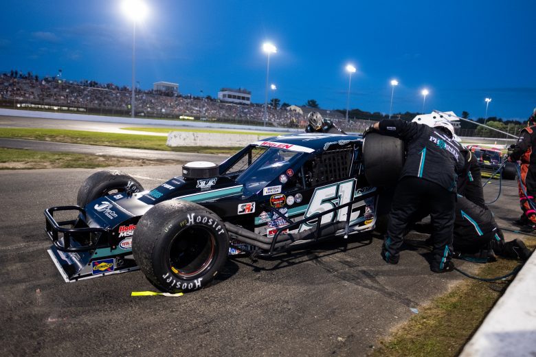 Justin Bonsignore, driver of the #51 Phoenix Communications Chevrolet, makes a pit stop during the NAPA Fall Final for the NASCAR Whelen Modified Tour at Stafford Motor Speedway in Stafford, Connecticut on September 25, 2021. (Ryan McBride/NASCAR)
