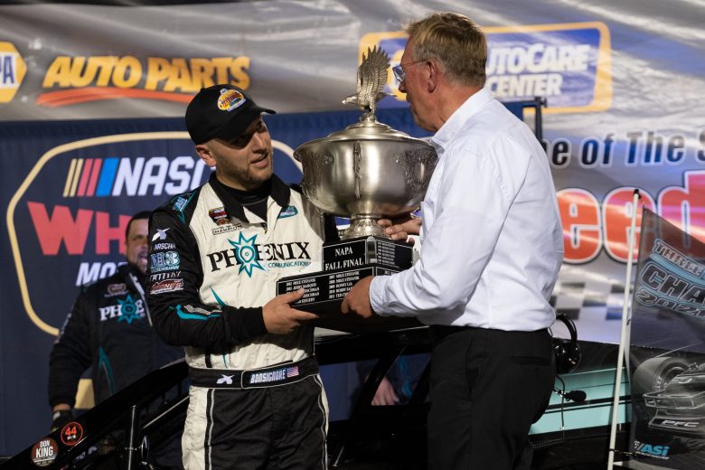 Justin Bonsignore, driver of the #51 Phoenix Communications Chevrolet, celebrates after winning the NAPA Fall Final for the NASCAR Whelen Modified Tour at Stafford Motor Speedway in Stafford, Connecticut on September 25, 2021. (Ryan McBride/NASCAR)