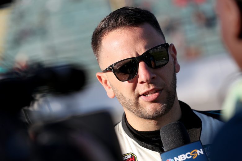 Justin Bonsignore, driver of the #51 Phoenix Communications, Inc. Chevrolet, is interviewed during the Toyota Mod Classic 150 for the NASCAR Whelen Modified Tour at At Oswego Speedway in Oswego, New York on September 4, 2021. (Bryan Bennett/NASCAR)