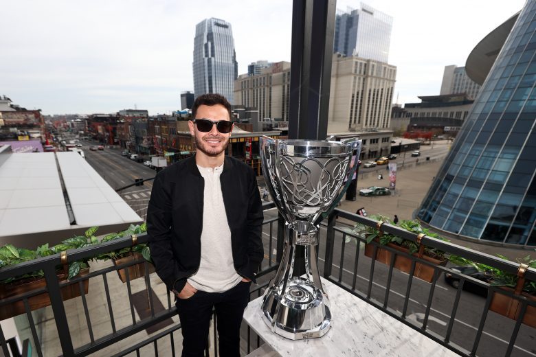 NASHVILLE, TENNESSEE - DECEMBER 01: The 2021 NASCAR Cup Series championship driver, Kyle Larson poses for photos at the Twelve Thirty Club on December 01, 2021 in Nashville, Tennessee. (Photo by Chris Graythen/Getty Images) | Getty Images