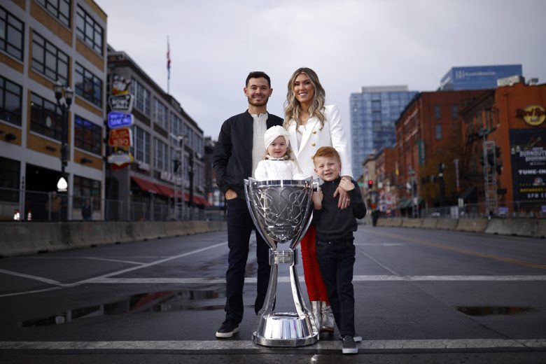 NASHVILLE, TENNESSEE - DECEMBER 01: The 2021 NASCAR Cup Series championship driver, Kyle Larson his wife, Katelyn, son, Owen and daughter Audrey for pose for photos on Broadway December 01, 2021 in Nashville, Tennessee. (Photo by Jared C. Tilton/Getty Images) | Getty Images