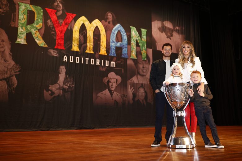 NASHVILLE, TENNESSEE - DECEMBER 01: The 2021 NASCAR Cup Series championship driver, Kyle Larson his wife, Katelyn, son, Owen and daughter Audrey for pose for photos at the Ryman Auditorium on December 01, 2021 in Nashville, Tennessee. (Photo by Jared C. Tilton/Getty Images) | Getty Images