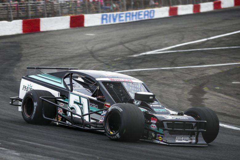 Justin Bonsignore, driver of the #51 Phoenix Communications Inc. Chevrolet, during qualifying before for the Buzz Chew Chevrolet Cadillac 200 for the Whelen Modified Tour at Riverhead Raceway on June 19, 2021 in Riverhead, New York. (Adam Glanzman/NASCAR)