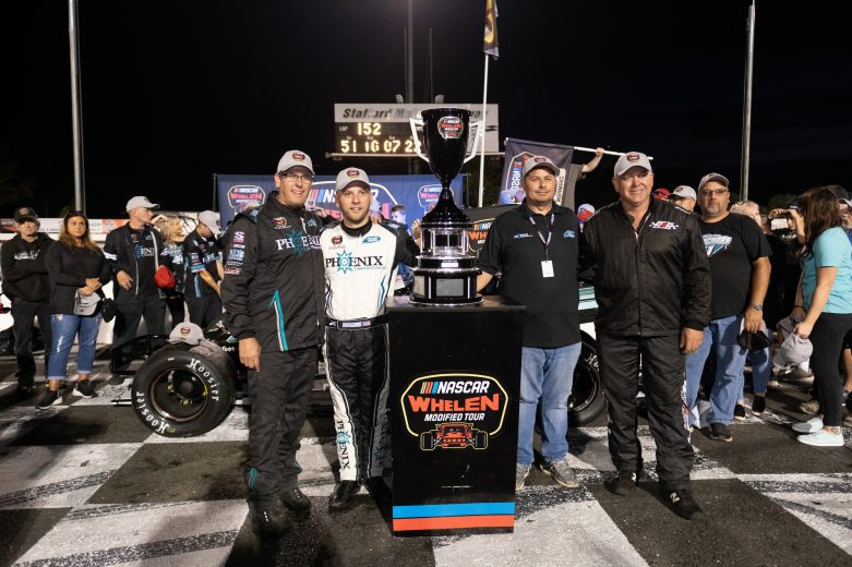 Justin Bonsignore, driver of the #51 Phoenix Communications Chevrolet, celebrates after winning the NAPA Fall Final for the NASCAR Whelen Modified Tour at Stafford Motor Speedway in Stafford, Connecticut on September 25, 2021. (Ryan McBride/NASCAR)