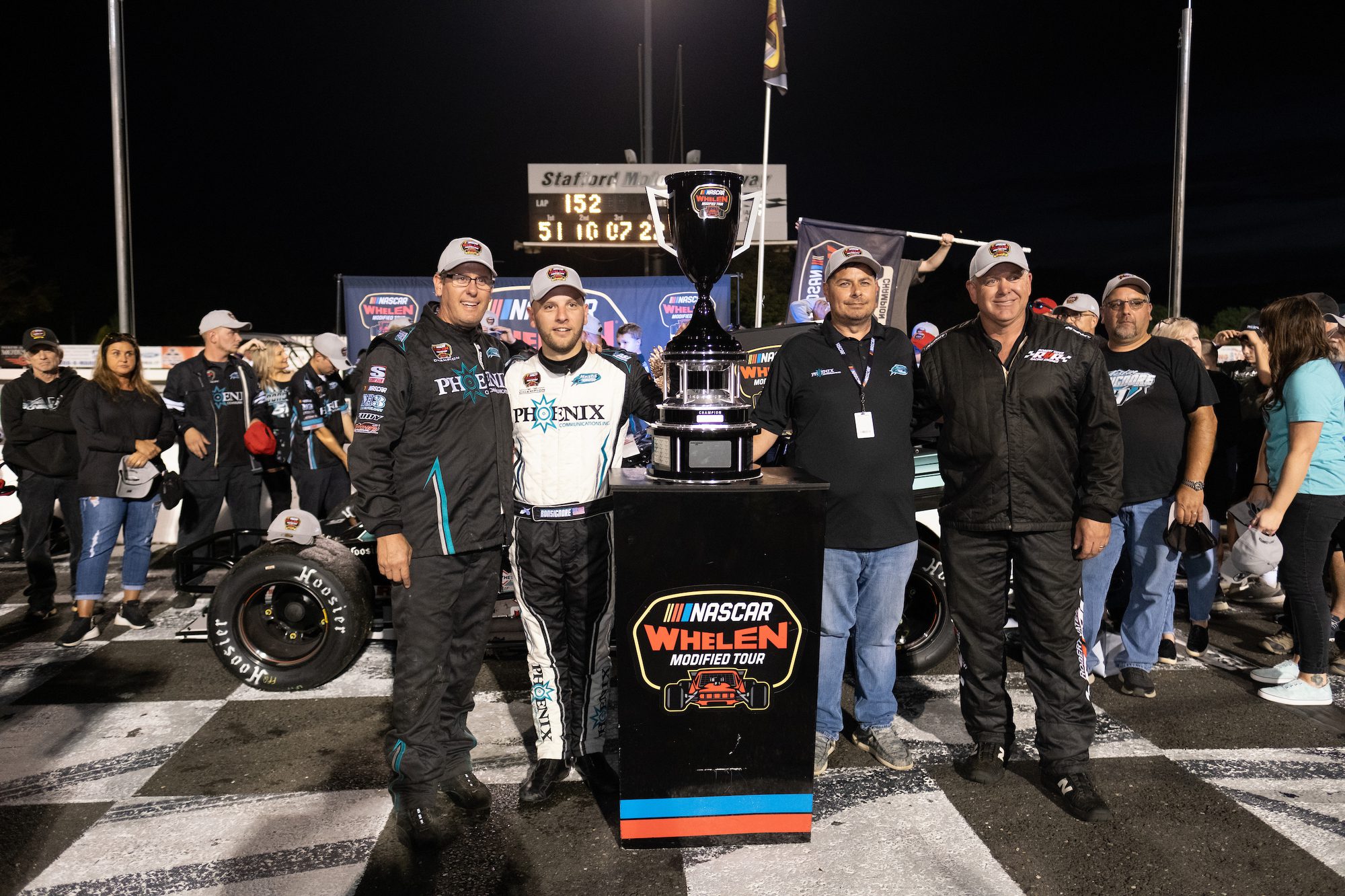 Justin Bonsignore, driver of the #51 Phoenix Communications Chevrolet, celebrates after winning the NAPA Fall Final for the NASCAR Whelen Modified Tour at Stafford Motor Speedway in Stafford, Connecticut on September 25, 2021. (Ryan McBride/NASCAR)