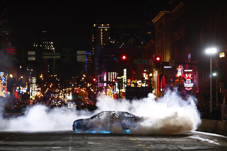 NASHVILLE, TENNESSEE - DECEMBER 01:  Kevin Harvick, driver of the #4 NASCAR Cup Series Ford performs a burnout during the Burnouts on Broadway December 01, 2021 in Nashville, Tennessee. (Photo by Jared C. Tilton/Getty Images) | Getty Images