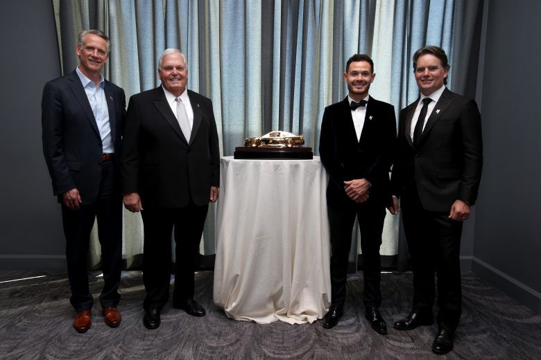 NASHVILLE, TENNESSEE - DECEMBER 01: (L-R) NASCAR President Steve Phelps, NASCAR Hall of Famer and team owner Rick Hendrick, 2021 NASCAR Cup Series championship driver, Kyle Larson and Jeff Gordon, Vice Chairman of Hendrick Motorsports pose for photos during the Goodyear Gold Car reception at The Joseph prior to the NASCAR Champion's Banquet on December 01, 2021 in Nashville, Tennessee. (Photo by Sean Gardner/Getty Images) | Getty Images