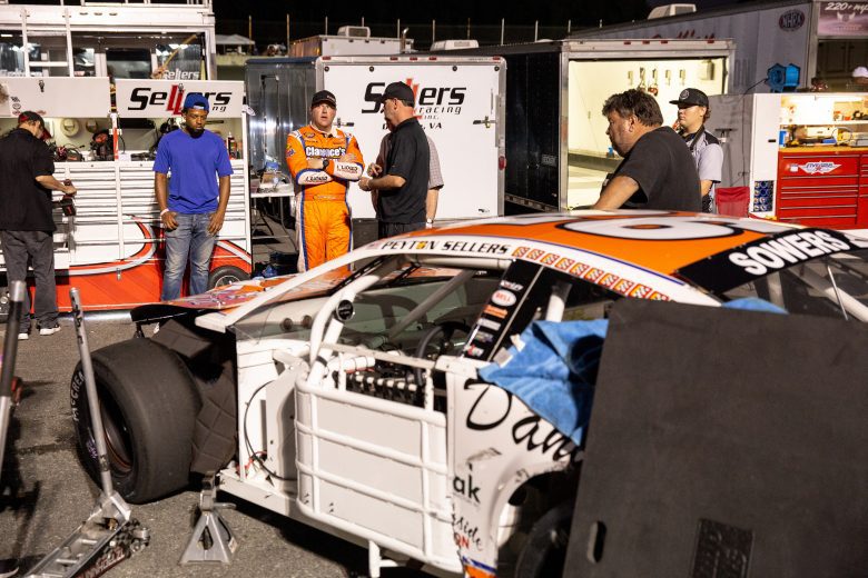 Peyton Sellers stands near the car after being involved in a wreck on the final lap of the Late Model race during the NASCAR Advanced Auto Parts Weekly Series at Dominion Raceway on September 18, 2021 in Woodford, Virginia. (Parker Michels-Boyce/NASCAR)