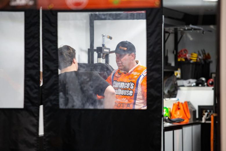 Peyton Sellers talks with Landon Pembleton after they were both in a wreck in the Late Model race during the NASCAR Advanced Auto Parts Weekly Series at Dominion Raceway on September 18, 2021 in Woodford, Virginia. (Parker Michels-Boyce/NASCAR)
