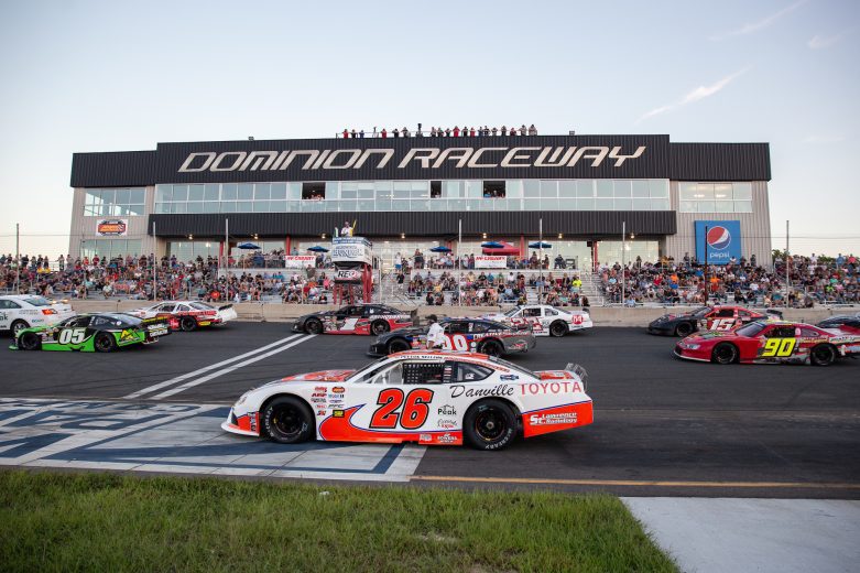 Peyton Sellers, driver of the #26 Clarences Steakhouse and Danville Toyota, and other drivers line up for the Late Model race during the NASCAR Advanced Auto Parts Weekly Series at Dominion Raceway on September 18, 2021 in Woodford, Virginia. (Parker Michels-Boyce/NASCAR)