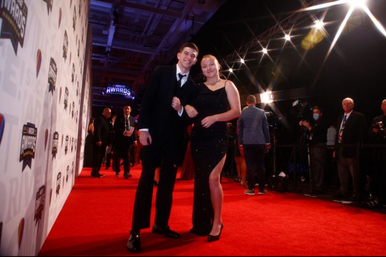 NASHVILLE, TENNESSEE - DECEMBER 02:  NASCAR Camping World Truck Series driver, Chandler Smith and guest pose on the red carpet prior to the NASCAR Champion's Banquet at the Music City Center on December 02, 2021 in Nashville, Tennessee. (Photo by Jared C. Tilton/Getty Images) | Getty Images