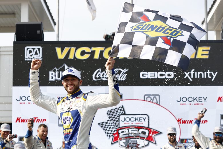 ELKHART LAKE, WISCONSIN - JULY 04: Chase Elliott, driver of the #9 NAPA Auto Parts Chevrolet, celebrates in victory lane after winning the NASCAR Cup Series Jockey Made in America 250 Presented by Kwik Trip at Road America on July 04, 2021 in Elkhart Lake, Wisconsin. (Photo by Jared C. Tilton/Getty Images) | Getty Images