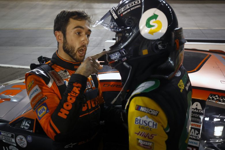 BRISTOL, TENNESSEE - SEPTEMBER 18: Chase Elliott, driver of the #9 Hooters Chevrolet, (L) and Kevin Harvick, driver of the #4 Subway Delivery Ford, have a heated conversation after an incident late in the NASCAR Cup Series Bass Pro Shops Night Race at Bristol Motor Speedway on September 18, 2021 in Bristol, Tennessee. (Photo by Jared C. Tilton/Getty Images) | Getty Images