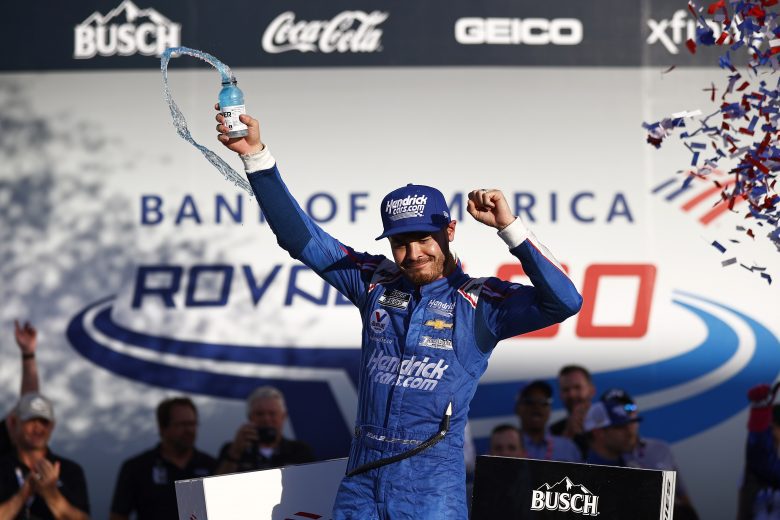 CONCORD, NORTH CAROLINA - OCTOBER 10: Kyle Larson, driver of the #5 HendrickCars.com Chevrolet, celebrates in victory lane after winning the NASCAR Cup Series Bank of America ROVAL 400 at Charlotte Motor Speedway on October 10, 2021 in Concord, North Carolina. (Photo by Jared C. Tilton/Getty Images) | Getty Images
