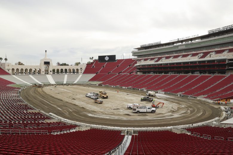 LOS ANGELES, CALIFORNIA - DECEMBER 21: Construction takes place in preparation for the NASCAR's Busch Light Clash at the Coliseum at Los Angeles Coliseum on December 21, 2021 in Los Angeles, California. (Photo by Meg Oliphant/Getty Images) | Getty Images