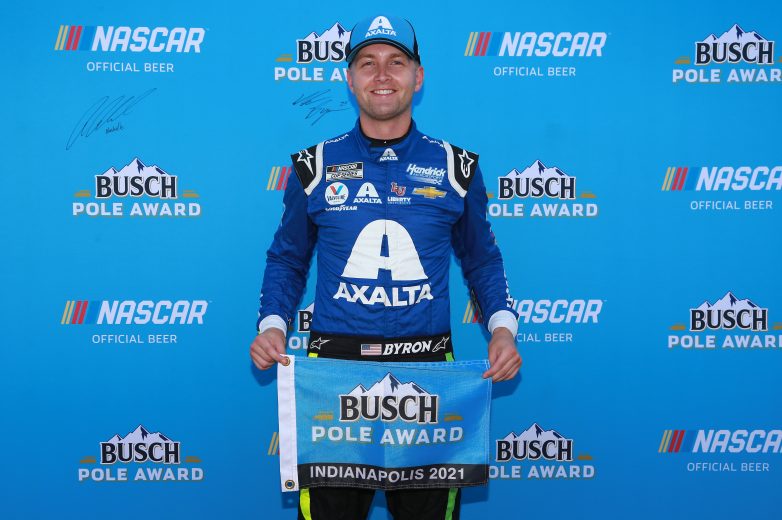 INDIANAPOLIS, INDIANA - AUGUST 15: William Byron, driver of the #24 Axalta Chevrolet, poses for photos after winning the pole award during qualifying for the NASCAR Cup Series Verizon 200 at the Brickyard at Indianapolis Motor Speedway on August 15, 2021 in Indianapolis, Indiana. (Photo by Sean Gardner/Getty Images) | Getty Images