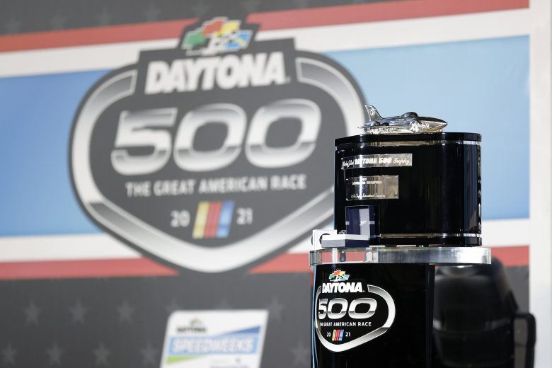 DAYTONA BEACH, FLORIDA - FEBRUARY 14: The Harley J. Earl Trophy is displayed on victory lane after the NASCAR Cup Series 63rd Annual Daytona 500 at Daytona International Speedway on February 14, 2021 in Daytona Beach, Florida. (Photo by Jared C. Tilton/Getty Images) | Getty Images
