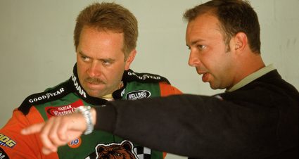 DAYTONA BEACH, FL - FEBRUARY 12: Stacy Compton #92 drives a Dodge Untrepid for Melling Racing talks with his crew chief Chad Knaus in the garage during the Daytona 500 Speedweeks on February 12, 2001 at the Daytona International Speedway in Daytona Beach, Florida. (Photo by Robert Laberge/Getty Images)