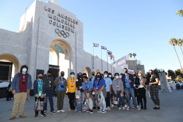 LOS ANGELES, CALIFORNIA - FEBRUARY 05: Boys & Girls Clubs of Carson kids receiving a tour around the track, which includes touring through the garage area and track walk. Kids interacting with a Cup driver during the tour. at Los Angeles Memorial Coliseum on February 05, 2022 in Los Angeles, California. (Photo by Meg Oliphant/Getty Images)