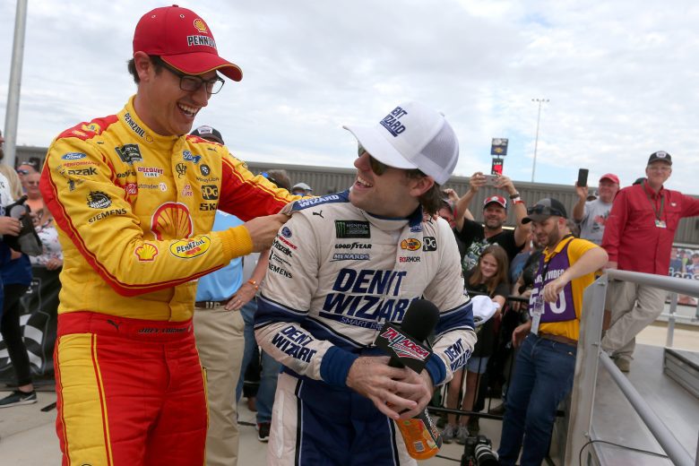 TALLADEGA, ALABAMA - OCTOBER 14: Joey Logano, driver of the #22 Shell Pennzoil Ford, congratulates Ryan Blaney, driver of the #12 Dent Wizard Ford, on his win in Victory Lane following the Monster Energy NASCAR Cup Series 1000Bulbs.com 500 at Talladega Superspeedway on October 14, 2019 in Talladega, Alabama. (Photo by Brian Lawdermilk/Getty Images) | Getty Images