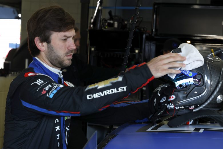 CONCORD, NORTH CAROLINA - NOVEMBER 17: Daniel Suarez cleans his visor before driving the #1 Trackhouse Racing Chevrolet during NASCAR Cup Series Next Gen testing at Charlotte Motor Speedway on November 17, 2021 in Concord, North Carolina. (Photo by Grant Halverson/Getty Images) | Getty Images