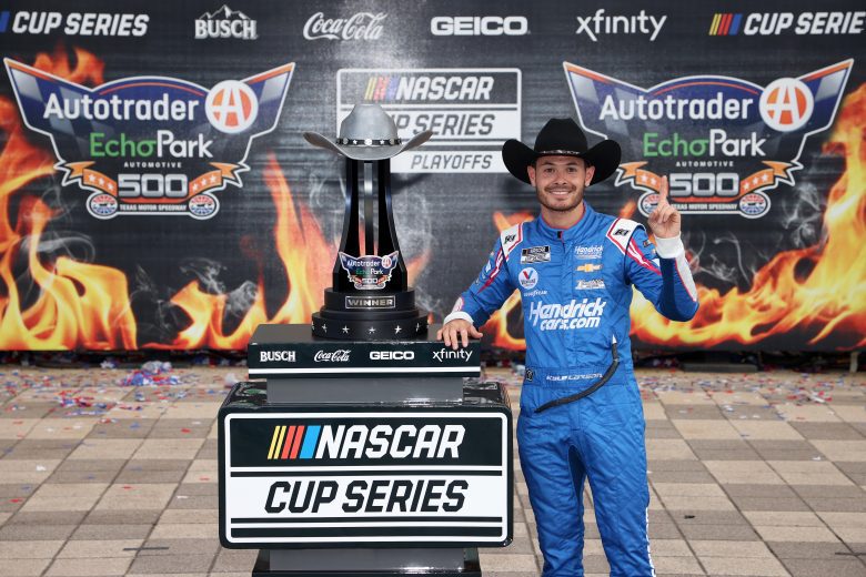 FORT WORTH, TEXAS - OCTOBER 17: Kyle Larson, driver of the #5 HendrickCars.com Chevrolet, celebrates in victory lane after winning the NASCAR Cup Series Autotrader EchoPark Automotive 500 at Texas Motor Speedway on October 17, 2021 in Fort Worth, Texas. (Photo by Chris Graythen/Getty Images) | Getty Images