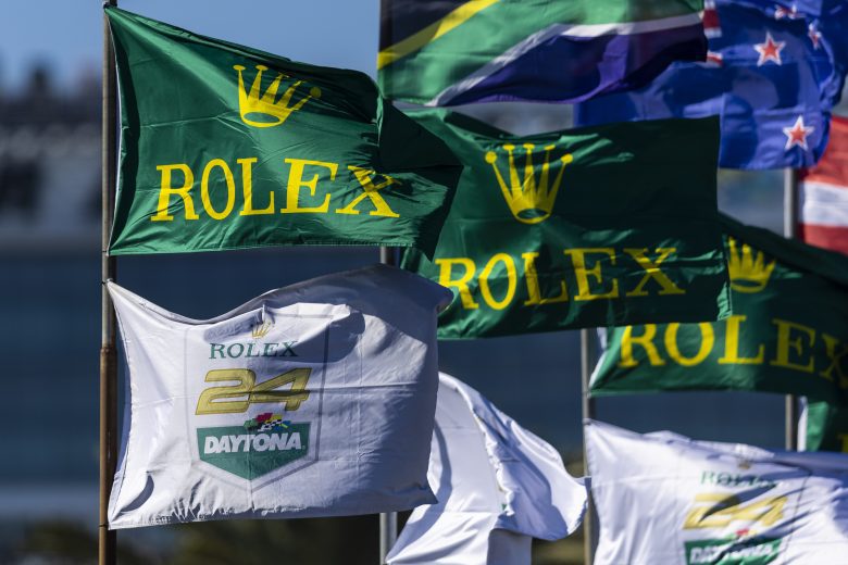 DAYTONA BEACH, FLORIDA - JANUARY 29: Flags wave during the Rolex 24 at Daytona International Speedway on January 29, 2022 in Daytona Beach, Florida. (Photo by James Gilbert/Getty Images) | Getty Images