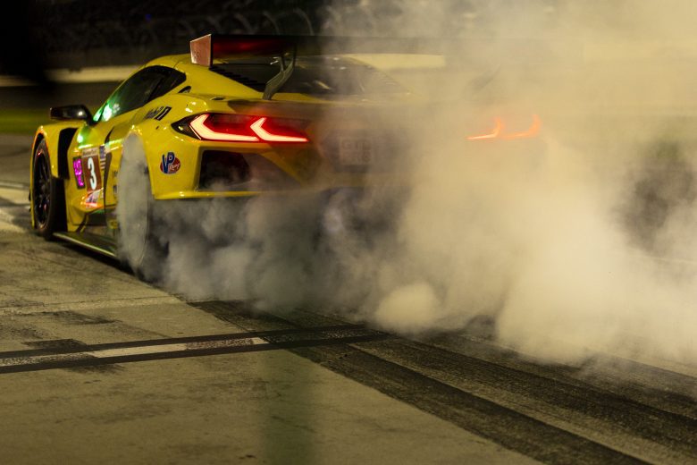 DAYTONA BEACH, FLORIDA - JANUARY 29: The #3 Corvette Racing Corvette C8.R GTD of Antonio Garcia, Jordan Taylor and Nicky Catsburg does a burnout exiting pit lane during the Rolex 24 at Daytona International Speedway on January 29, 2022 in Daytona Beach, Florida. (Photo by James Gilbert/Getty Images) | Getty Images